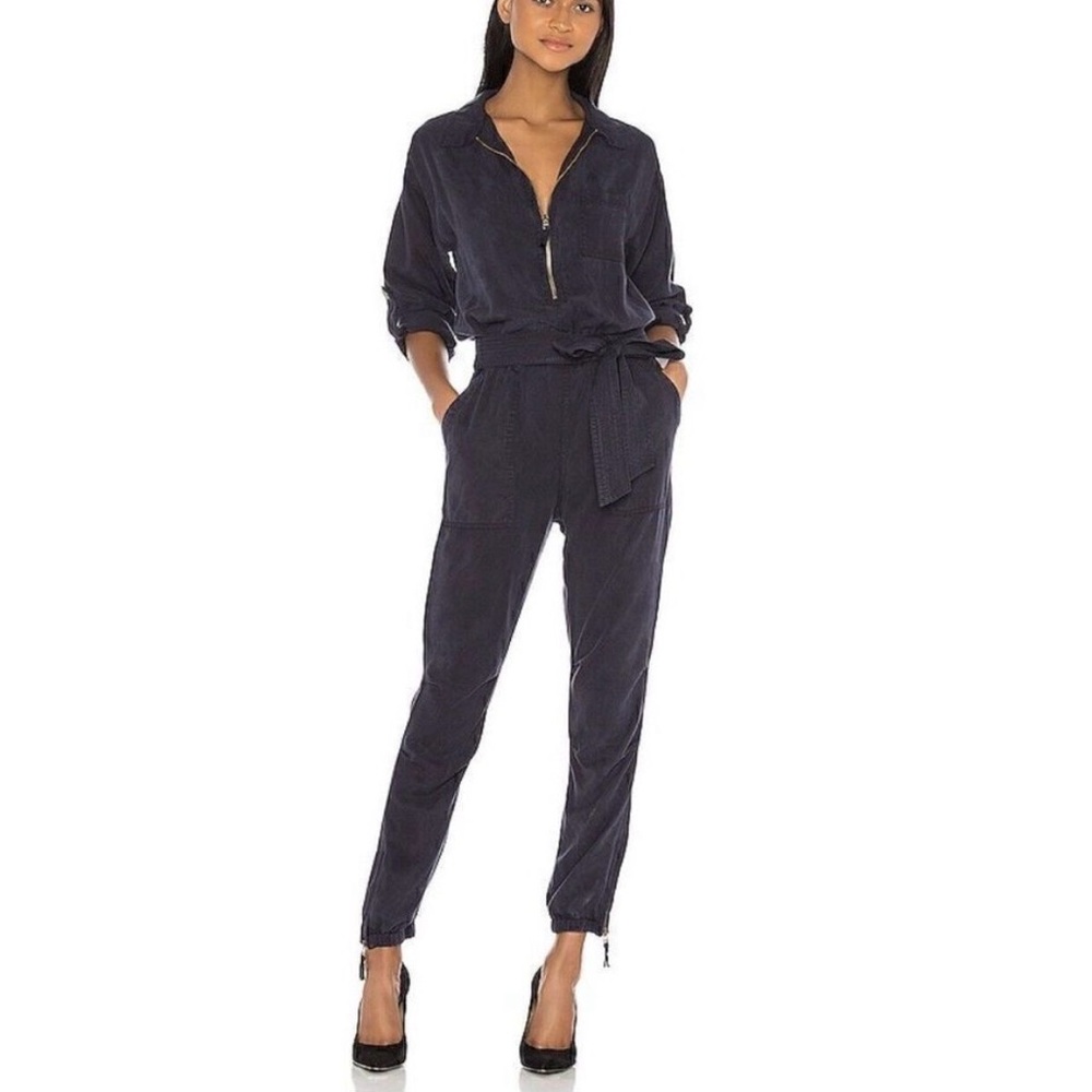 Pam & Gela Utility Jumpsuit Roll Tab Sleeve Ankle Zip Small Women's Navy $355